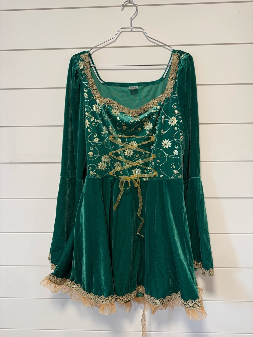 Women’s Fiona Shrek Costume Green Velvet Lace-Up Babydoll with Gold Trim XL